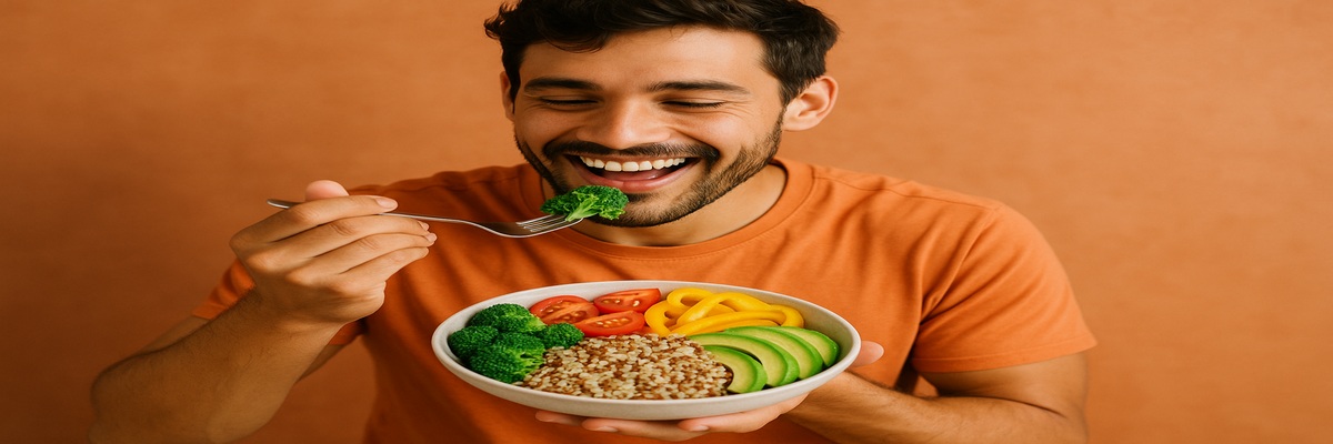 Hombre saludable comiendo alimentos nutritivos